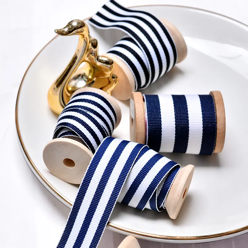 Ribest Blue And White Custom Polyester Woven Stripe Ribbon For Gift Boxes Packaging Hair Bows Wholesale