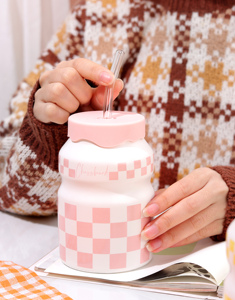 Tasses à café en céramique créatives et mignonnes de 460 ml pour enfants, avec paille et couvercle - Product Image 3