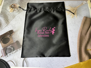 Sacs de rangement pour extensions de cheveux et perruques, personnalisables avec logo, recyclables, en satin noir avec cordon de serrage, pour l'emballage de mèches de cheveux - Product Image 3