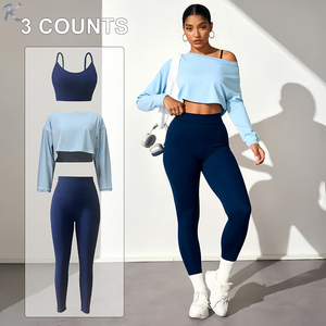 Set da Palestra <span class=keywords><strong>3</strong></span> Pezzi per <span class=keywords><strong>Donna</strong></span>: Reggiseno Sportivo con Spalline Regolabili, <span class=keywords><strong>Leggings</strong></span> a Vita Alta Modellanti e Top Corto a Maniche Lunghe - Product Image 1