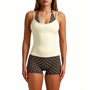 Custom Eco-Friendly Recycled Dotty Print Halter Neck Sports Gym Tank Crop Top Removable Padding Fitness <strong>Yoga</strong> Shorts Leggings <strong>Set</strong> - Product Image 3