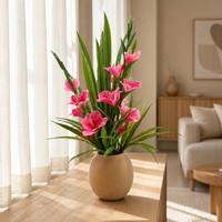 Arrangement floral artificiel de gladiolus roses avec feuillage persistant en PE, décoration d'intérieur sur pied dans un vase en céramique pour mariage et Thanksgiving