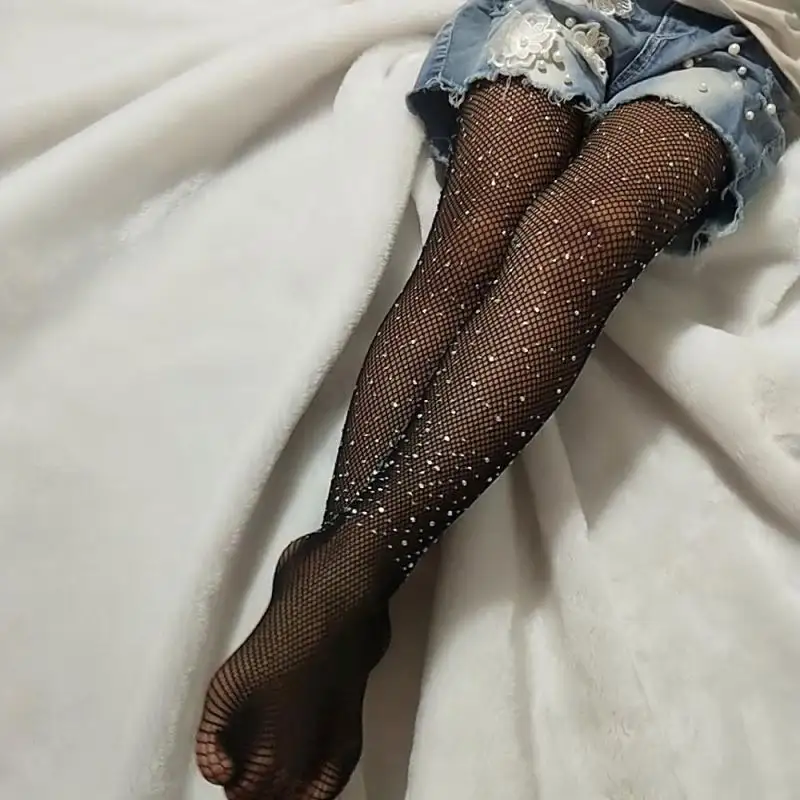 Kids Children Girls Crystal Rhinestone Mesh Hole Fishnet Net Pattern Tights Stockings Drilling Pants Hosiery Pantyhose
