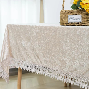 Wholesale Polyester Rectangular Crushed Velvet <b>Tablecloth</b> with <b>Lace</b> Trim Elegant Design for Wedding Banquets and Luxury Events - Product Image 1