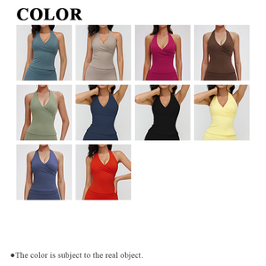 Débardeur de yoga et de fitness pour femme Sevy, style mode, à col halter, décolleté en V profond superposé, dos ajouré, effet amincissant à la taille, avec coussinets de poitrine amovibles - Product Image 3