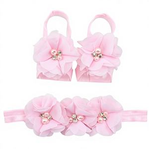 Vente en gros <span class=keywords><strong>Bandeau</strong></span> pour bébé Accessoires pour <span class=keywords><strong>cheveux</strong></span> 3 pcs/set <span class=keywords><strong>Bandeau</strong></span> à fleurs en mousseline Ensemble Sandales pieds nus - Product Image 1