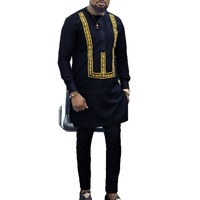 Ensemble ethnique africain pour hommes, 2 pièces, tunique à manches longues brodée et pantalon, costume traditionnel
