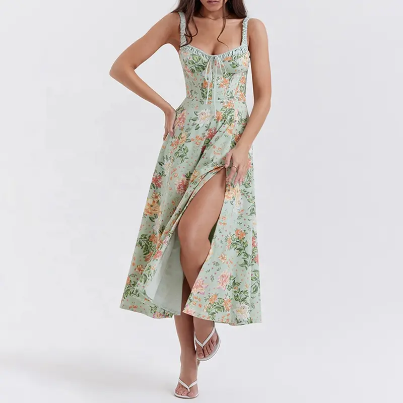 Light Bustier Sundress Casual Dresses Print Jade with Puff Sleeves and Thigh Slit Women Summer Natural OEM Service Woven Adults