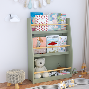 Libreria a 3 livelli per bambini, colore verde salvia, scaffale porta libri per camera da letto, sala giochi, aula scolastica, organizzazione e stoccaggio - Product Image 5