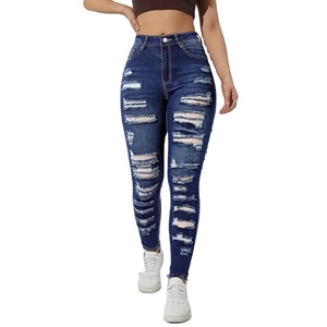 Jeans Ajustados de Cintura Alta Estilo Europeo Americano para Mujer, Mezclilla Transpirable, Casuales, Rectos, Desgastados, Elásticos - Product Image 1