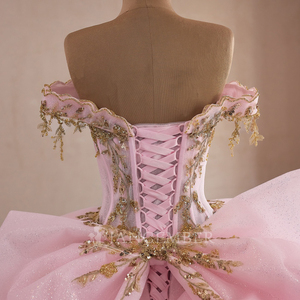 261019 Exquisite <b>Pink</b> <b>Tassel</b> Quinceanera Ball Gown <b>Dress</b> Golden Lace Beading Crystal Natural Waistline Chapel Train Party - Product Image 6