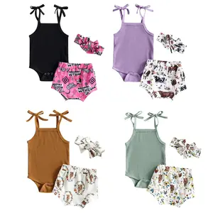 2023 Ribbed Knit Tie Up Sleeveless Leotard Milk Silk Kids Shorts Set With Bow Girl Summer Outfits Western Baby Bummies Sets