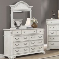 Ensemble de chambre à coucher blanc américain - Lit traîneau Queen Size, commode à 5+ tiroirs, bois de peuplier, sculptures ornées, décor vintage intemporel