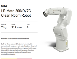 หุ่นยนต์ Fanuc LR 200iD/7C แบบ 6 แกน ระยะเอื้อม 717 มม. รับน้ำหนักได้ 7 กก. ความแม่นยำในการทำซ้ำ 0.01 มม. สำหรับงานในห้องคลีนรูมและงานด้านอาหาร - Product Image 2