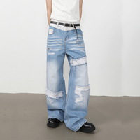 Jean en denim polyvalent pour homme, style américain, patchwork, effet déchiré, coupe droite ample