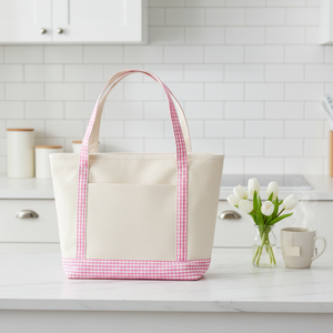 Sac en toile à carreaux blanc crème, sac fourre-tout léger et durable pour femme avec poche extérieure et doublure intérieure lisse - Product Image 1