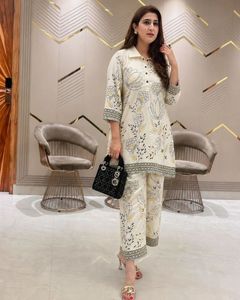 Conjunto Coordinado de Algodón Mul Mul, Cuello con Solapa, Suave, Transpirable, Ligero, Dos Piezas, Elegante, Casual, para Mujer, Todas las Temporadas, Cómodo, Diario - Product Image 2