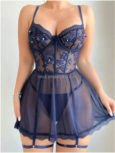 CX 5473 Ventes directes Lingerie Sexy Maille transparente Grande balançoire Jarretelle Chemise de nuit Dentelle Vêtements de nuit séduisants Ensemble deux pièces - Product Image 6
