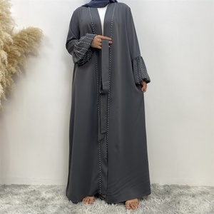 1961# Gorgeous Arab Front Open Abaya With Small White Pearls Latern Cuff Dubai Nida Abayas <b>Cardigan</b> With Side Pockets 5 Colors - Product Image 5