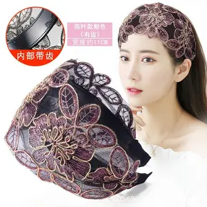 White Hair Band With Wide Edge Cover Female Artifact Pressure Hair Lace Embroidery Flower Headband