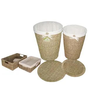 Wholesale Suppliers Seagrass Laundry Basket Set Included 2 pcs Storage Basket Laundry Room Organizaton Cotton Fabric Liners