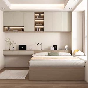Ensemble de chambre à coucher de luxe sur mesure, <span class=keywords><strong>lit</strong></span> tatami, <span class=keywords><strong>armoire</strong></span>, bureau intégré, design contemporain, matériau MDF écologique, appartement - Product Image 1
