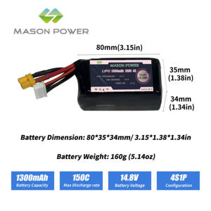 150C tỷ lệ cao 14.8V 1300mAh 4S LiPo pin cho FPV đua Drone siêu nhẹ 160 gam chu kỳ cao ul CE TUV chứng nhận - Product Image 2