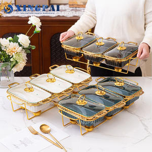 طقم تسخين بوفيه طعام سيراميك أبيض عالي الجودة من XINGPAI بسعة 1 لتر*3، طبق تسخين أسود بغطاء زجاجي للفنادق والمطاعم - Product Image 1