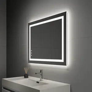Custom 3500k-6500k anti fog square wall 36x28 inch mirror supplier vanity smart for frameless bathroom mirror with led light