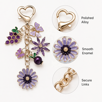 Porte-clés en émail violet avec breloque fleur de vigne et papillon, pendentif floral fruité, accessoire pour sac et voiture, cadeau