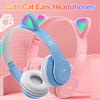 Headphone Bluetooth Nirkabel LED Kucing Lucu dengan Mic P47M untuk Anak Perempuan, Earbud Stereo Musik, Headphone Olahraga