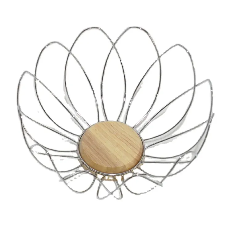 Modern design innovative flower shape basket household use metal wire & wood fruit basket