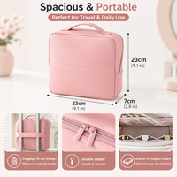 Sac de maquillage en PU grande capacité avec double fermeture éclair, sac de toilette de voyage avec sangle de bagage intégrée et support en PP