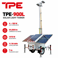 Tour d'éclairage solaire sur remorque avec 3 panneaux de 490W, mât hydraulique de 7m, éclairage LED hors réseau pour travaux routiers et miniers