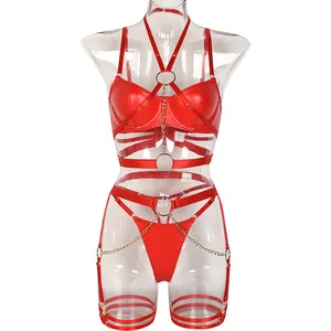 2023 Alta Qualidade 4 Peças Sexy PU Erótico Halter Bra + Tanga Garter Com Cadeia De Metal Guarnição Sexy Roupa Interior Terno