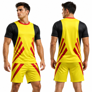 Men's Yellow <b>Red</b> <b>Striped</b> Soccer Uniform Shorts Set Moisture Wicking Sublimated Print Athletic Fit All Seasons - Product Image 1