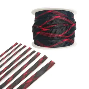 Funda de red de serpiente trenzada extensible PET Multicolor negro rojo de 45mm para protección apretando la gestión de cables de belleza