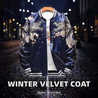Blouson Bomber en Soie pour Homme Style Chinois Broderie Dragon Motif Floral Col Rabattu Fermeture Éclair Vêtement d'Automne Sublimation