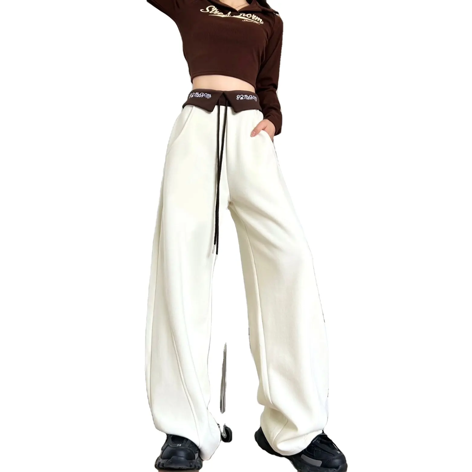 Nouveau été femmes pantalons à jambes larges taille haute droite coréenne pantalons de survêtement amples pantalons longs chauds