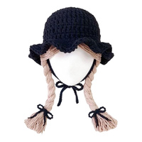 Chapeau perruque en laine crochetée rose en gros pour bébés filles avec tresses, mode automne-hiver pour enfants
