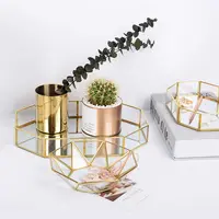 Rectangle Hexagon Round Jewelry Metallic Gold Metal Serving Decorative Glass Mirror Tray