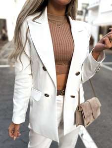 <span class=keywords><strong>Blazer</strong></span> Largo de Mujer, Estilo Europeo Americano, Nuevo para Primavera y Otoño, Traje Cruzado con Botones, Doble Botonadura, Color Sólido - Product Image 6