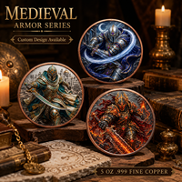 Pièce de monnaie moulée en cuivre pur 999 de 5 oz, électroplaquée, personnalisée, guerrier coloré en relief 3D, série Armure Médiévale, édition UV pour collectionneur