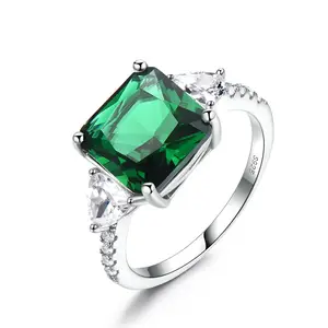 Anéis luxuosos de prata 925, esmeralda, solitário, almofada de compromisso, corte de anel de noivado