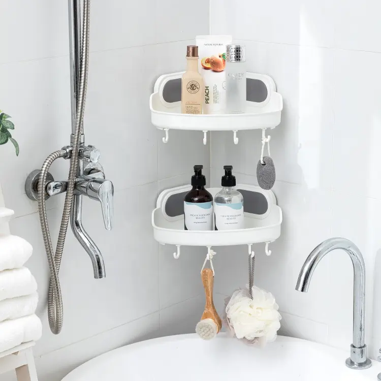 Portable mural bambou douche caddy 2pack douche aspiration caddy en plastique coin étagère salle de bain panier de rangement douche organisateur