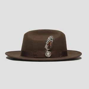 Chapeau Fedora Trilby en laine marron avec accent plume, bord court, unisexe, décontracté, pour fêtes et voyages - Product Image 1