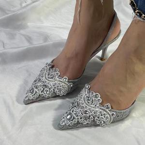 Sandalias de Lujo con Cristales y Encaje, Tacón Delgado de 6.5cm, Punta Puntiaguda, Talón Descubierto, Zapatos de Mujer, Directo de Fábrica - Product Image 2