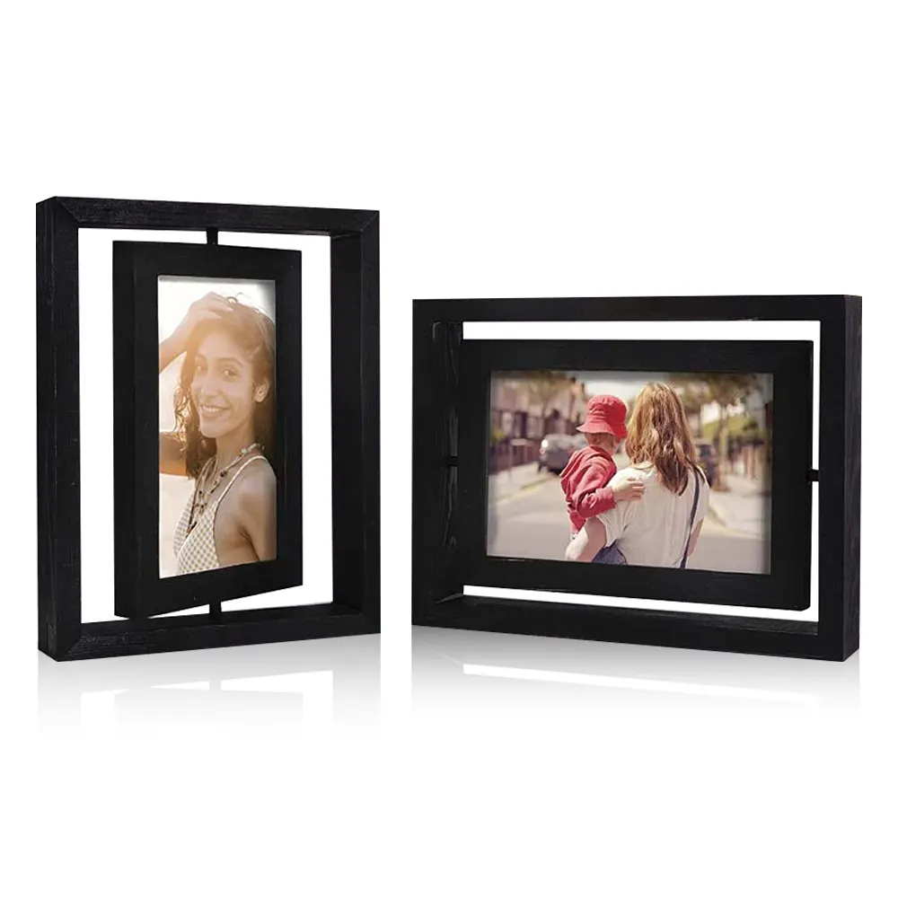 4x6 Rotating Floating Picture Frame Double-Sided Display with HD Glass Front Distressed Black Wooden Frame for Tabletop