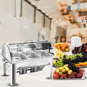 Calentador de Comida Tipo Buffet de Acero Inoxidable de 3L con Triple Bandeja y Tapa Enrollable, Construcción Metálica Resistente para Catering - Product Image 1