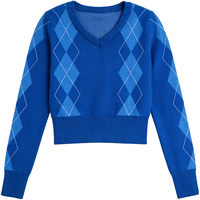 Pull en tricot à col en V pour femme, motif Argyle, manches longues, style preppy